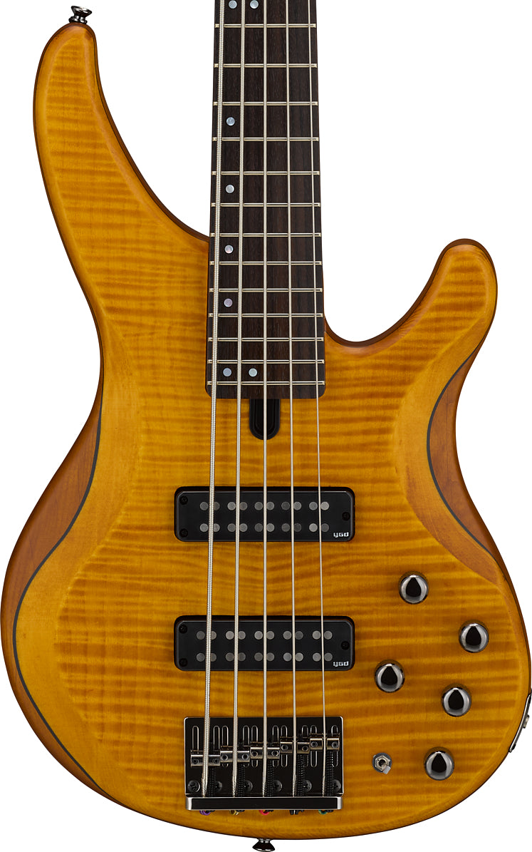 Yamaha TRBX605FM Matte Amber 5-String Bass Guitar – Flamed Maple Style & Extended Active/Passive Flexibility
